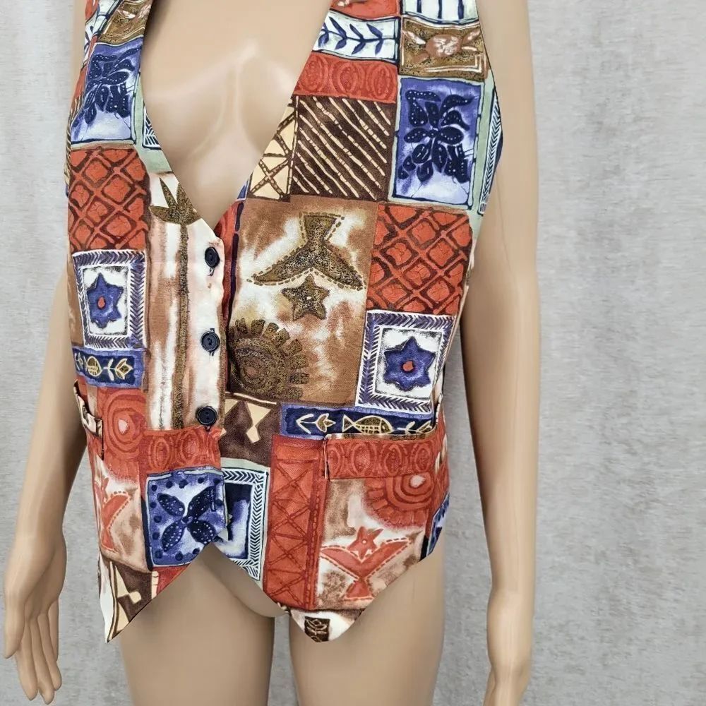 111 Main Vintage Tropical Patchwork Pattern Vest - Picture 2 of 10